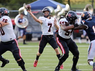 Coppell QB Jack Fishpaw (7) looks for a receiver during the first half of a high school...