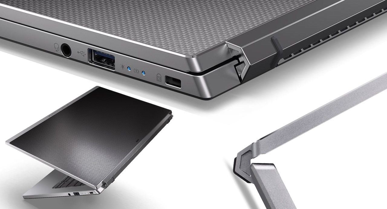 Several views of the lifted hinge design of the Porsche Designs Acer Book RS.