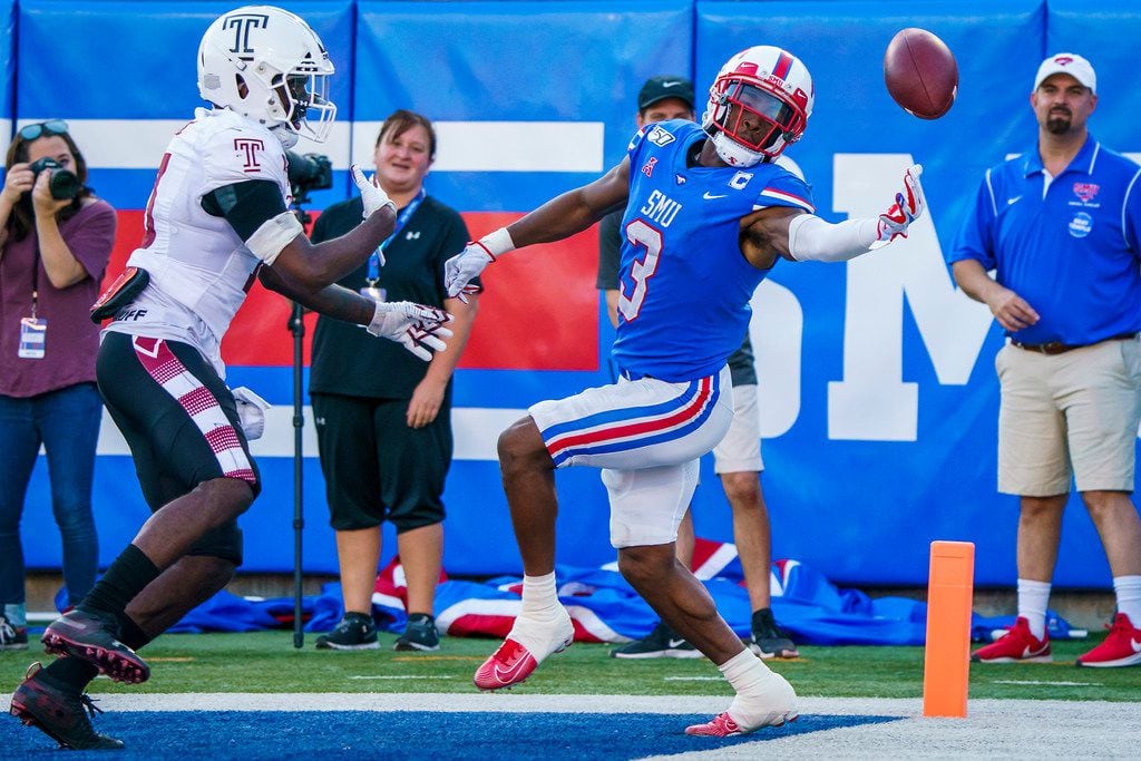 FILE - SMU wide receiver James Proche (3) can't make a catch in the end zone during the second half of a game against Temple at Gerald J. Ford Stadium on Saturday, Oct. 19, 2019, in Dallas. (Smiley N. Pool/The Dallas Morning News)