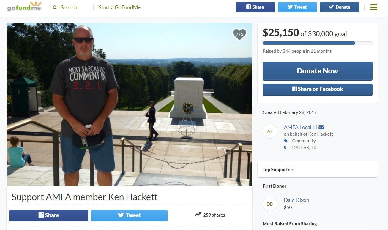 A screen capture of the GoFundMe page created to support Ken Hackett.