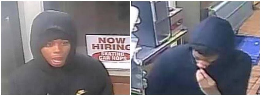 Surveillance video images of two suspects wanted in the robbery of a Sonic restaurant in...
