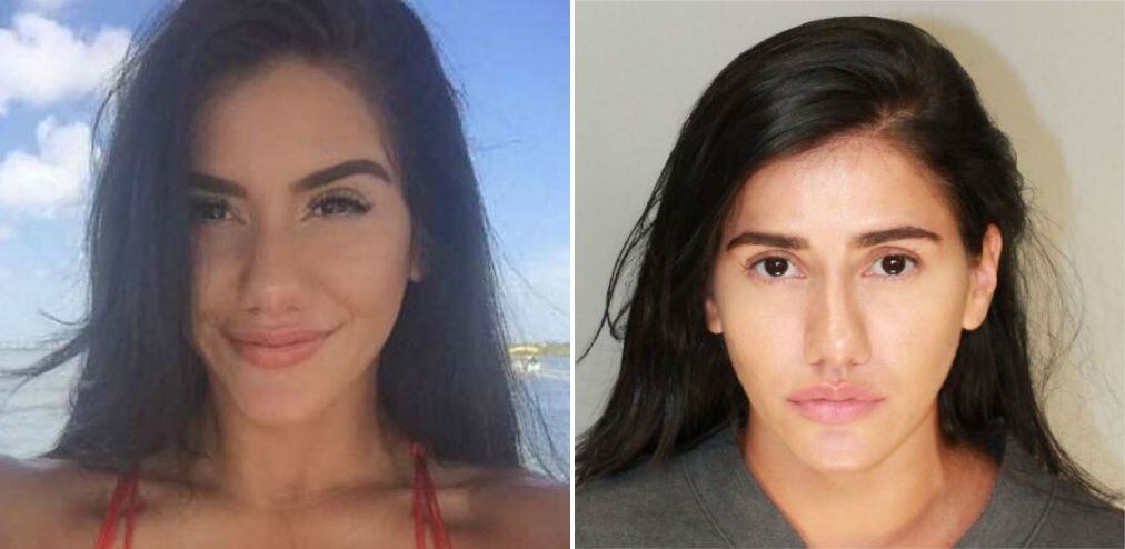 Caitlin Cifuentes in a Facebook photo (left) and in her latest mug shot from the Nueces...