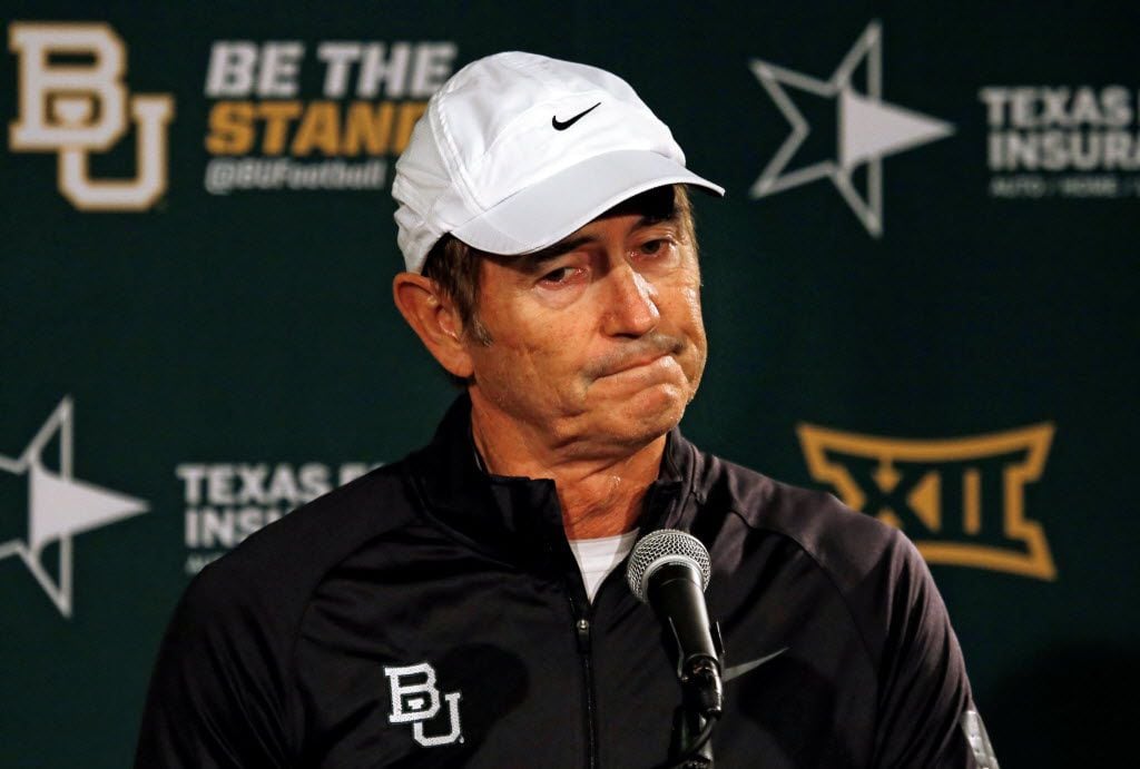 Baylor head coach Art Briles shrugs his shoulders as he discusses with the media the Bears'...