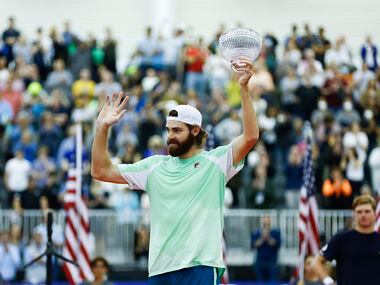 Reilly Opelka celebrates winning the finals ATP Dallas Open against Jenson Brooksby at The...