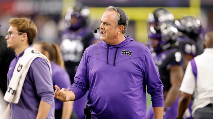 TCU Horned Frogs head coach Sonny Dykes looks for an official during the second half of the...