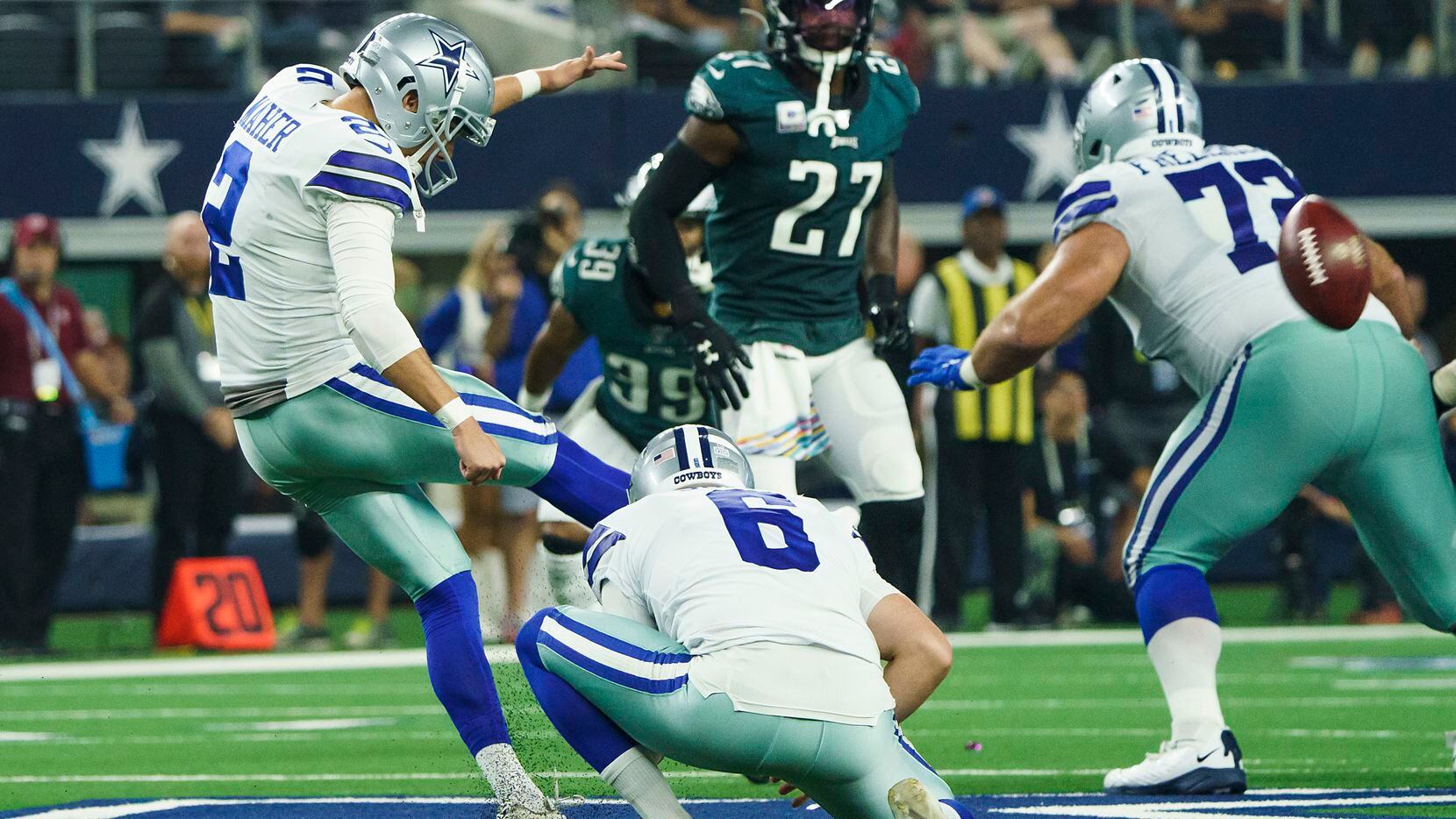 Dallas Cowboys kicker Brett Maher (2) kicks a 63-yard field goal during the second quarter...