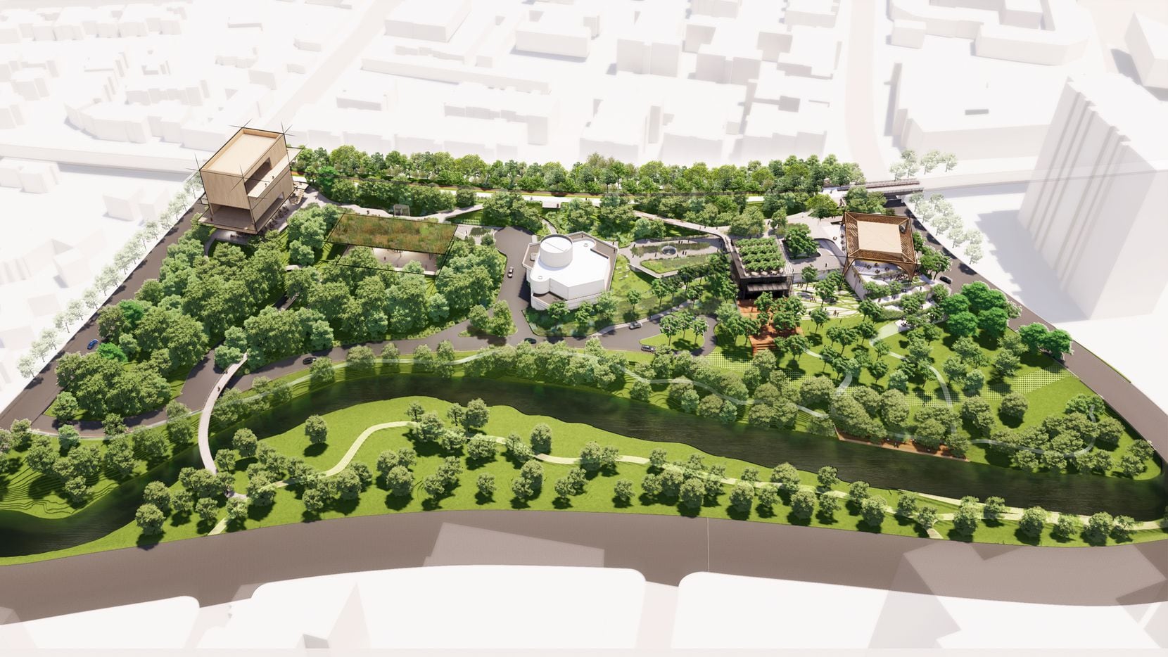 An aerial rendering shows the theater and surrounding park home to four new buildings.