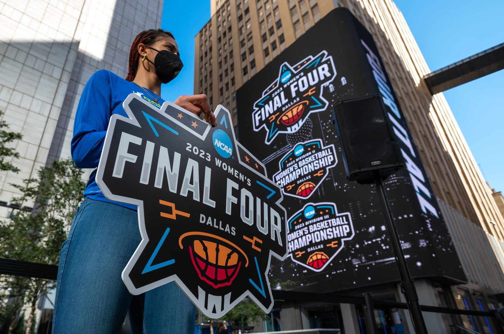 Dallas Wings forward Isabelle Harrison holds the official Dallas 2023 Women's Final Four...