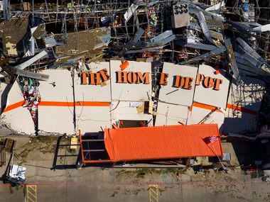 The destroyed Home Depot store at 11682 Forest Central Drive is seen after tornado damage on Monday, Oct. 21, 2019, in Dallas.