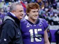 TCU Horned Frogs quarterback Max Duggan (15) poses for a photo with head coach Sonny Dykes...
