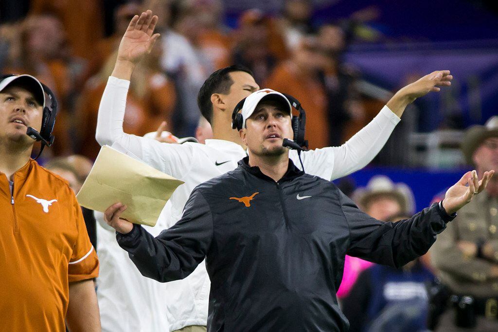 Texas head coach Tom Herman reacts to a call that went against the Longhorns during the second quarter of the Texas Bowl against Missouri on Wednesday, Dec. 27, 2017, in Houston. (Smiley N. Pool/The Dallas Morning News)
