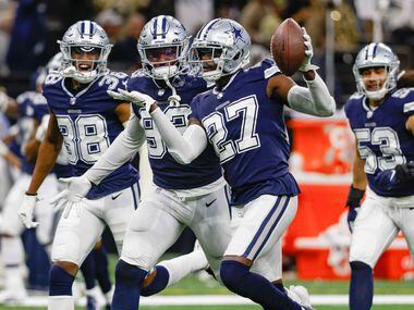 Dallas Cowboys safety Jayron Kearse (27) celebrates an interception against New Orleans Saints at the Caesars Superdome in New Orleans, Louisiana December 2, 2021.
