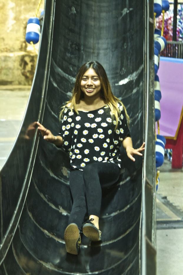 Maria Ramirez slides down the Giant Slide, the most popular attraction at SPARK! Adventures...