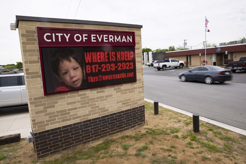 A marquee with a photo of missing 6-year-old Noel Rodriguez-Alvarez at the Everman Civic...