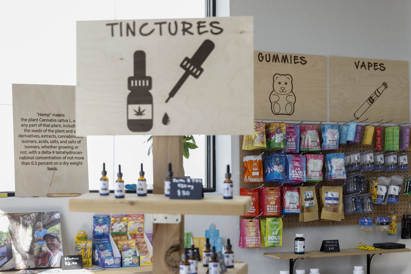 Tinctures, gummies and vape products are among those for sale inside the Bee Hippy showroom.