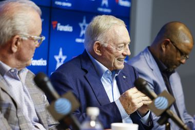 Dallas Cowboys owner Jerry Jones, talks about the team’s second day draft picks during a...