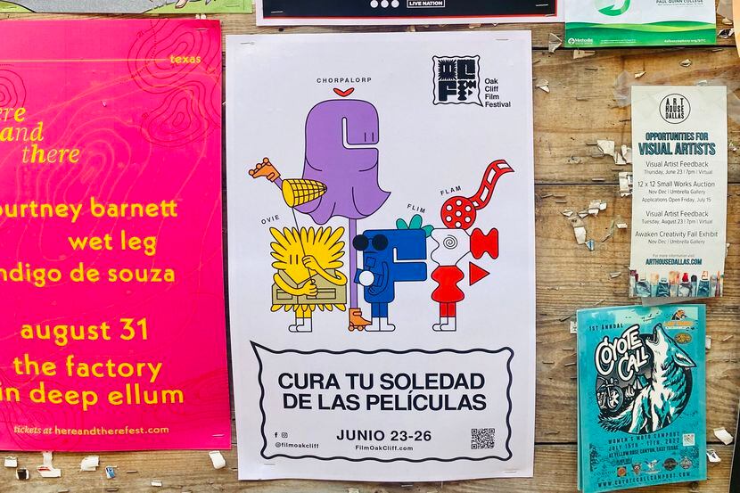 A poster in Spanish of the Oak Cliff Film Festival is exhibited on a wall at a coffee shop...