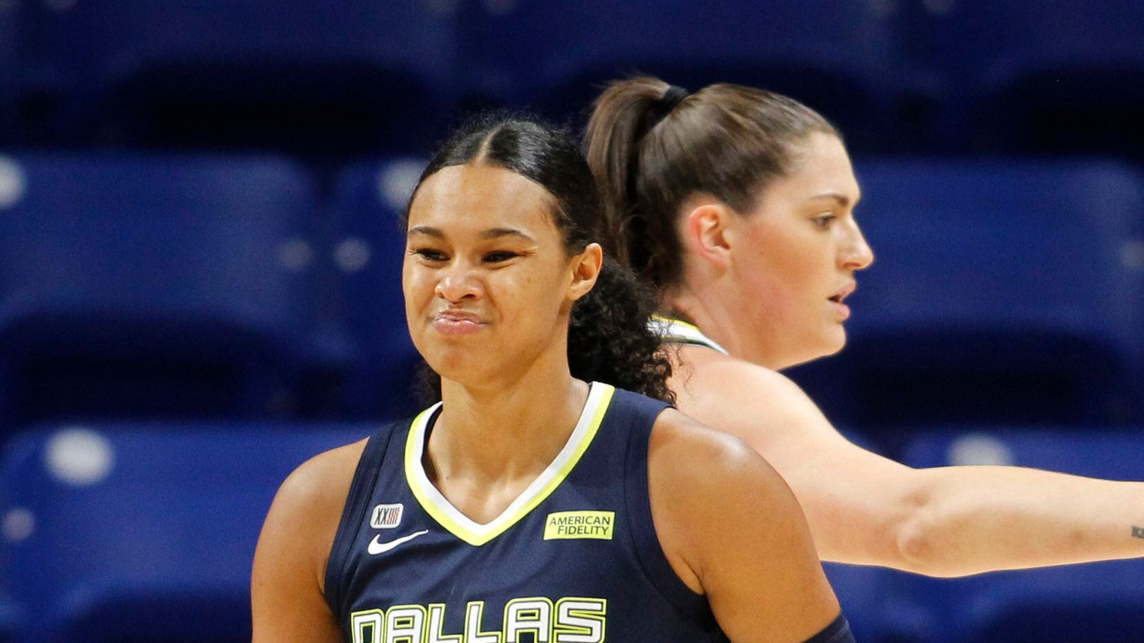 Dallas Wings forward Satou Sabally (0) reacts following a Wings turnover during first half...
