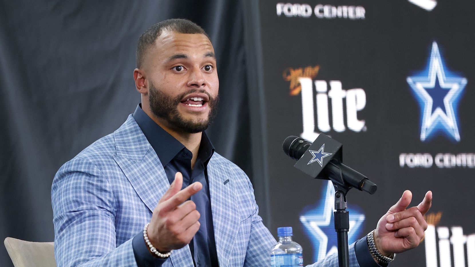 Dallas Cowboys quarterback Dak Prescott responds to media questions at The Star in Frisco, Texas after signing a 4-year, $160 million contract with the team, Wednesday, March 10, 2021.