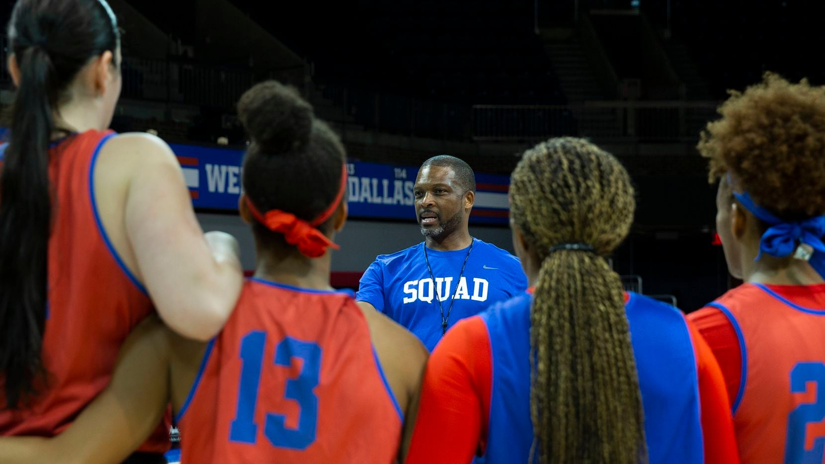 Travis Mays, head coach of SMU women's basketball, gives final directions to his players to close out a team practice at the Moody Coliseum on Friday, Jan. 3, 2020. The SMU women's basketball team faced the No. 1 ranked University of Connecticut Huskies on Sunday, but were defeated 80-42. (Lynda M. Gonzalez/The Dallas Morning News)