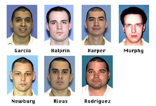 Prison inmates Joseph C. Garcia, Randy  Ethan Halprin, Larry James Harper, Patrick Henry Murphy Jr., Donald Keith Newbury, George Rivas and Michael Anthony Rodriguez escaped Dec. 13, 2000, from the prison near Kenedy. They killed Irving Officer Aubrey Hawkins, 29, during a sporting goods store robbery.