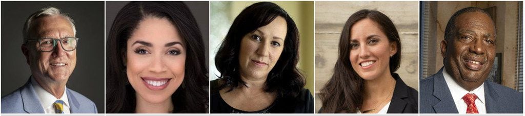 Democrats former U.S. Rep. Chris Bell of Houston, left, Houston City Council member Amanda Edwards, former Army helicopter pilot MJ Hegar of Round Rock, Cristina Ramirez, and State Sen. Royce West are all trying to unseat longtime incumbent Republican U.S. Sen. John Cornyn