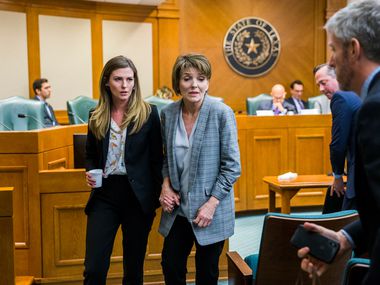 Eve Wiley (left) and her mother, Margo Williams (center), shown after testifying before a Texas Senate committee last month, appeared on ABC's '20/20' Friday night and identified Nacogdoches obstetrician Kim McMorries as Eve's biological father.