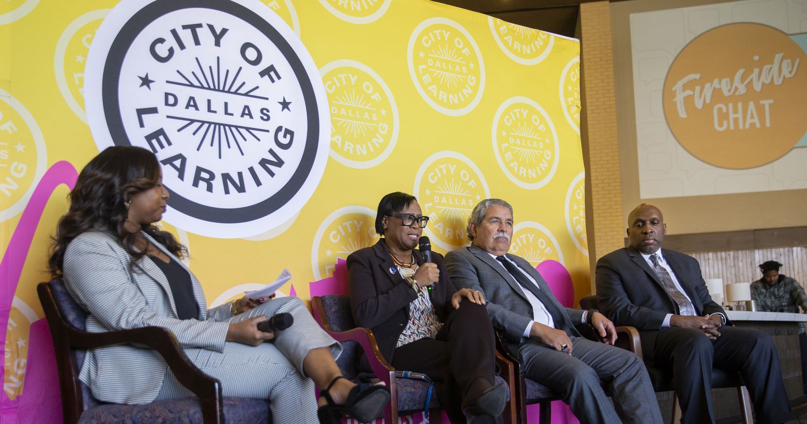Dallas Mavericks CEO Cynt Marshall speaks alongside DISD Superintendent Michael Hinojosa and City Manager T.C. Broadnax during the Dallas City of Learning Fireside chat on Dec. 2, 2019 in Dallas. Dallas City of Learning leaders shared the results of their 2019 summer program and awards during the event. (Juan Figueroa/ The Dallas Morning News)