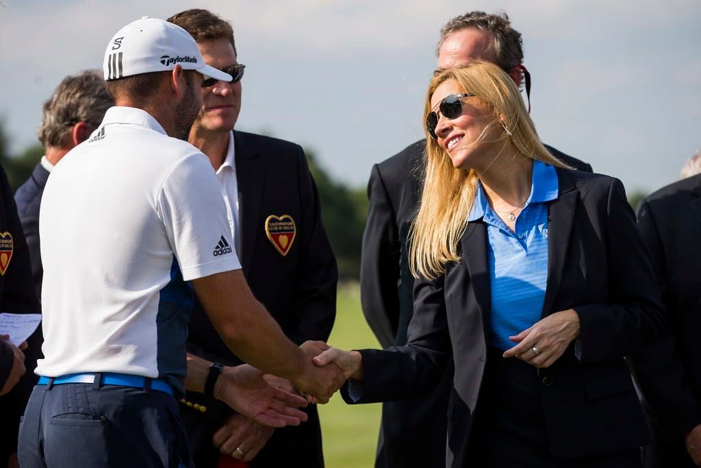 Irving Mayor Beth Van Duyne shakes hands with  Sergio Garcia during the award ceremonies after he won the AT&T Byron Nelson golf tournament on Sunday, May 22, 2016, in Irving, Texas. (Smiley N. Pool/The Dallas Morning News)