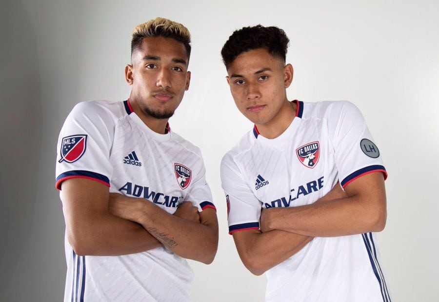 Jesus Ferreira (left) and Edwin Cerrillo (right) both just 18 pose in the new FC Dallas secondary kit for 2019.