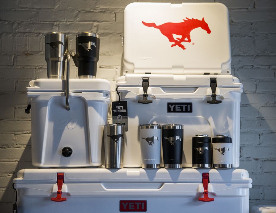 SMU branded products are on display inside a new Yeti store in Dallas. The grand opening will be this Saturday. (Ashley Landis/The Dallas Morning News)