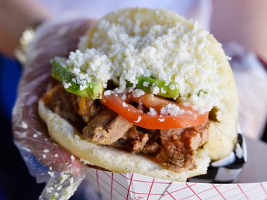 The Arepa Nation, with steak beef, tomato slices, avocado and white Paisa cheese, served at Arepa Nation at the Dallas Farmers Market.