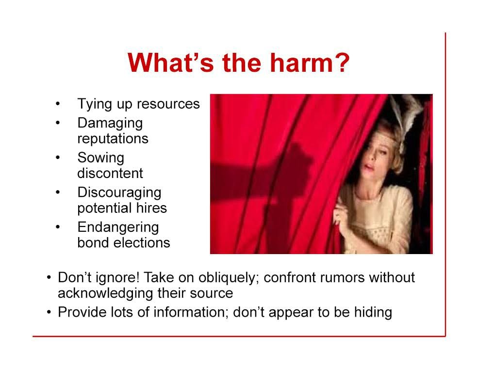 A slide from former Lovejoy ISD superintendent Ted Moore's 2010 presentation about dealing with critics.