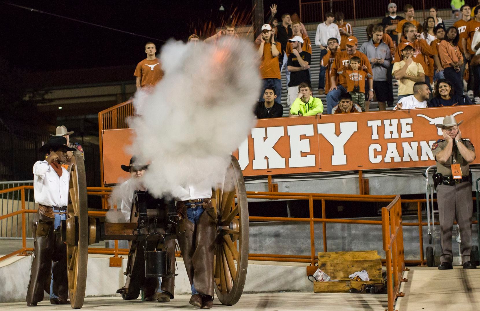 The Texas Cowboys, an elite student organization at the University of Texas, are in charge of firing Smokey the Cannon at home football games. (Cal Sport Media)