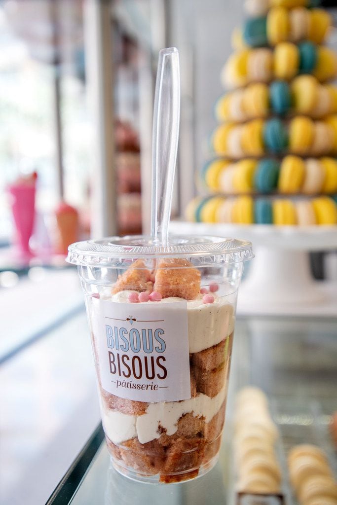 Bisous Bisous offers a cake parfait made with lemon buttercream and the cut pieces of a strawberry chiffon cake.