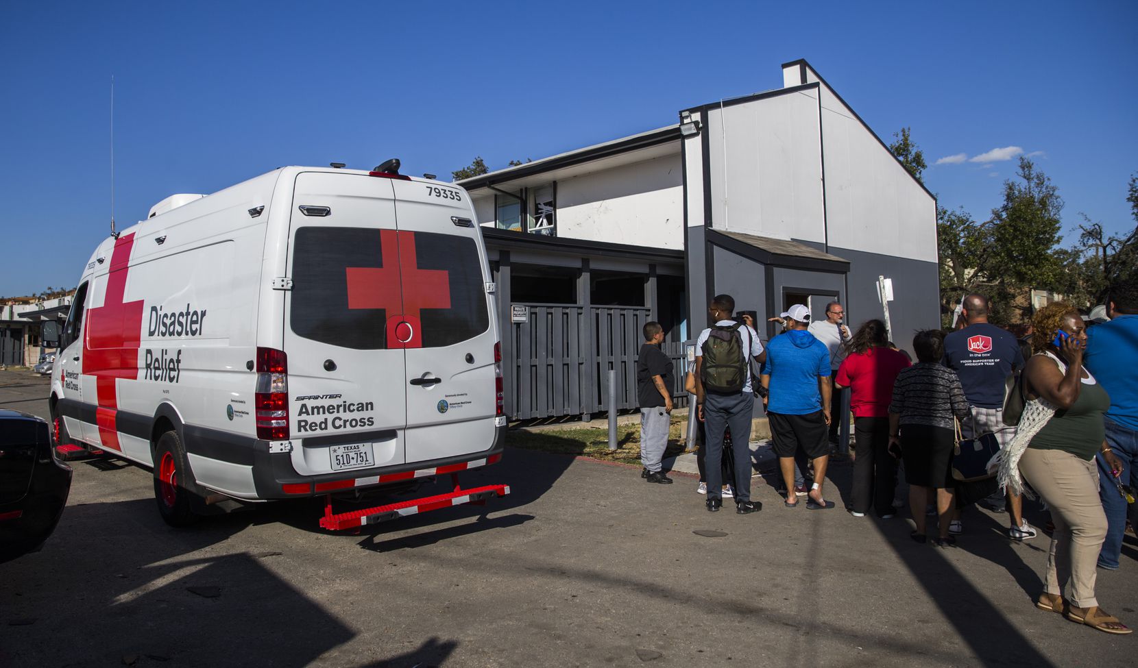 A Red Cross vehicle drove into the tornado-damaged Southwind Apartments on Wednesday, October 23, 2019 at on Brockbank Dr. in Dallas.