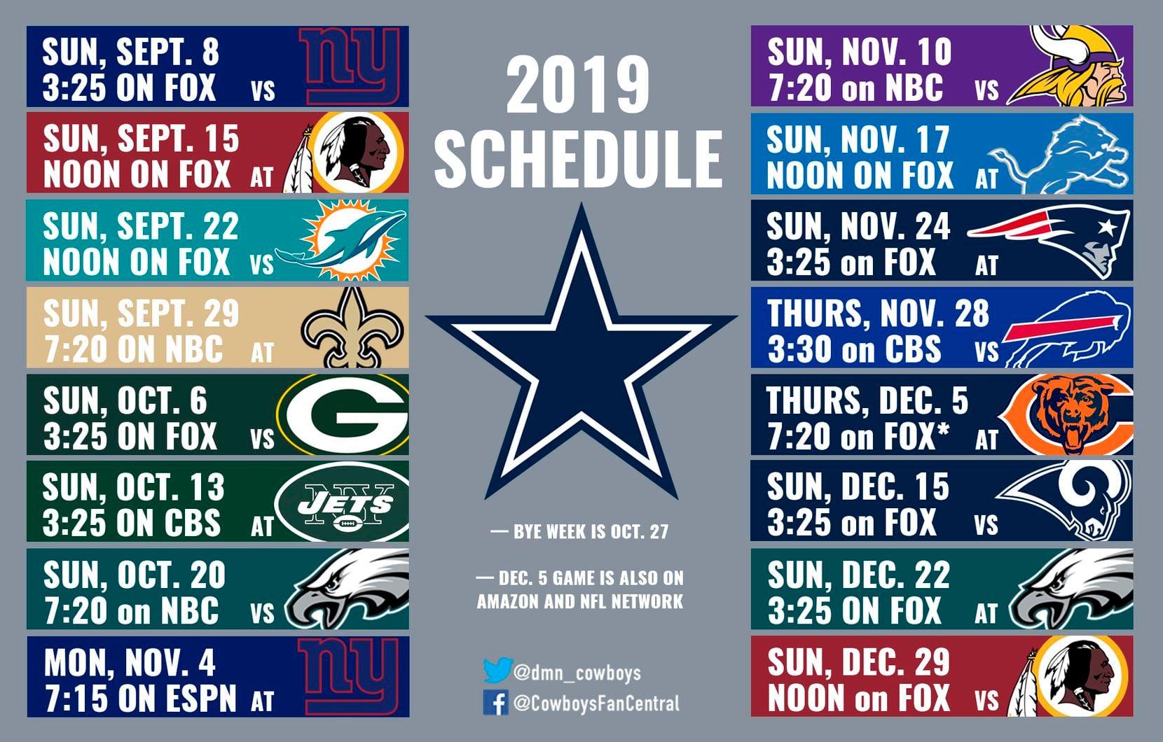 2019 Cowboys Schedule Dallas Hosts Giants In Opener