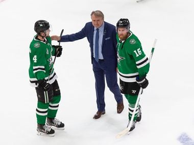 Miro Heiskanen (4), interim head coach Rick Bowness and Joe Pavelski (16) of the Dallas Stars react to their loss against the Tampa Bay Lightning during Game Six of the Stanley Cup Final at Rogers Place in Edmonton, Alberta, Canada on Monday, September 28, 2020.
