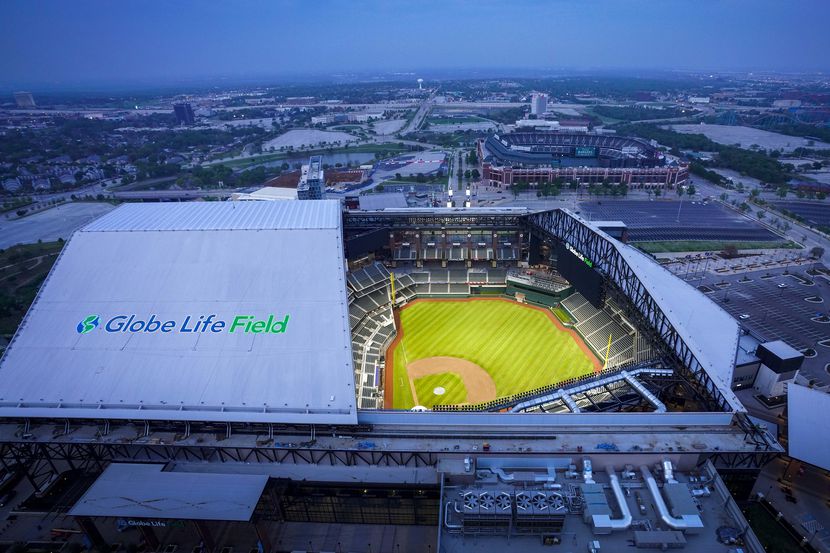 Aerial view of Globe Life Field on Thursday, March 26, 2020, in Arlington, Texas.