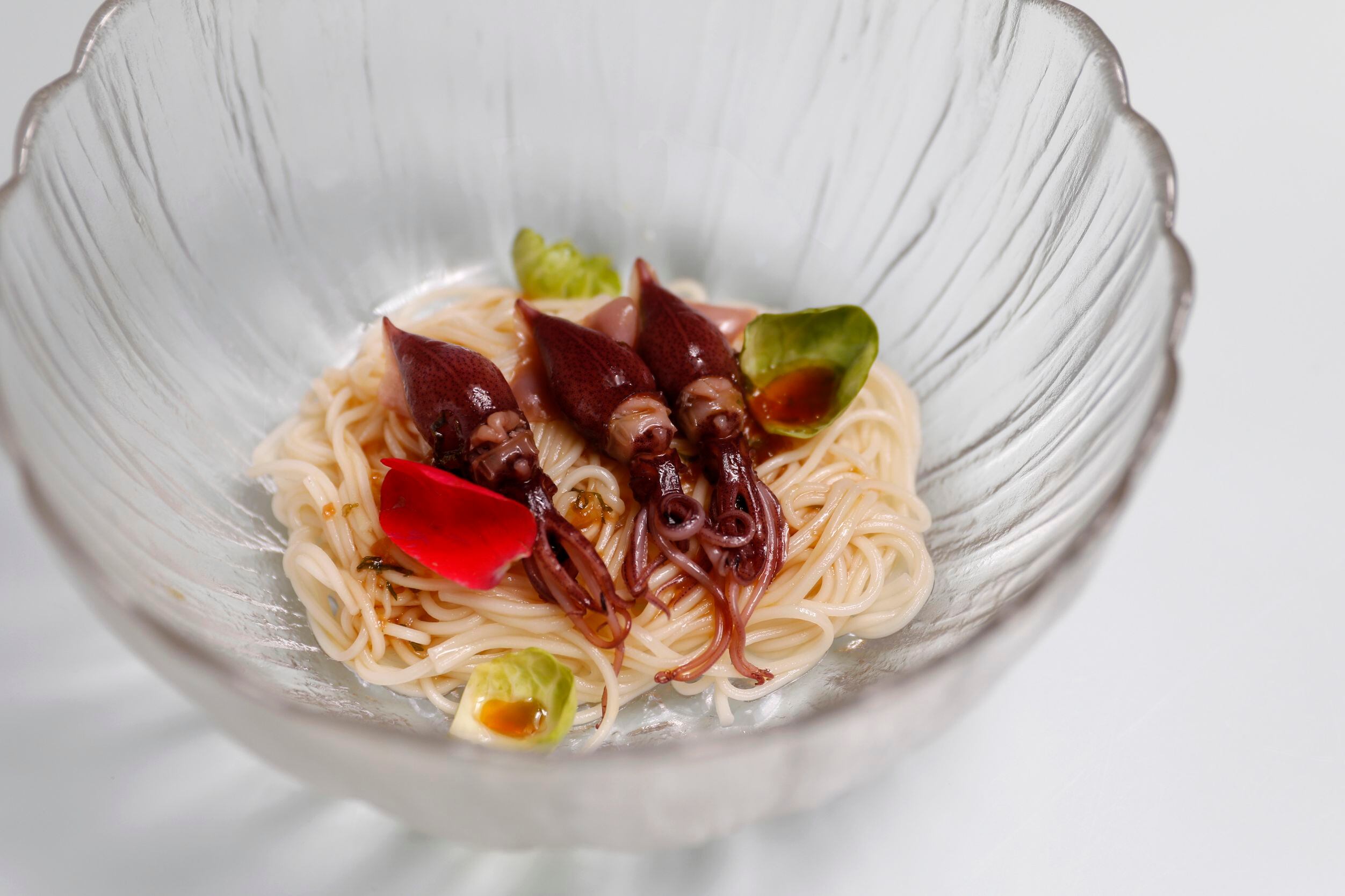 Hotaru Ika (baby whale squid) confit with cold somen noodle photographed at Yutaka Sushi...
