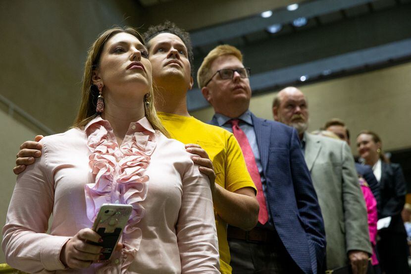 From left, Janie Bergamasco and Javier Rodriguez wait in line to speak in support of Planned...