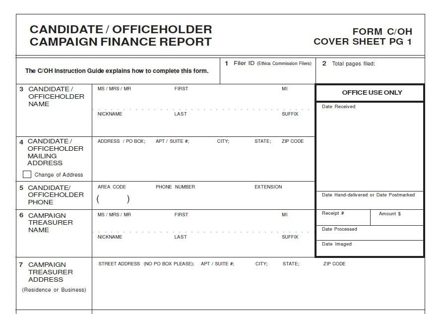 A standard campaign finance report from the Texas Ethics Commission. Officeholders and...