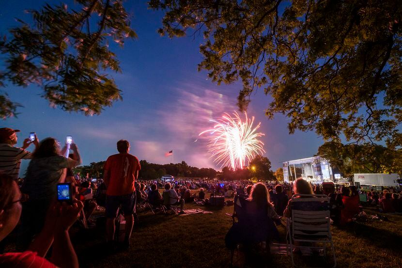 Fireworks light up the sky at the conclusion of the Dallas Symphony Orchestra's 2019...