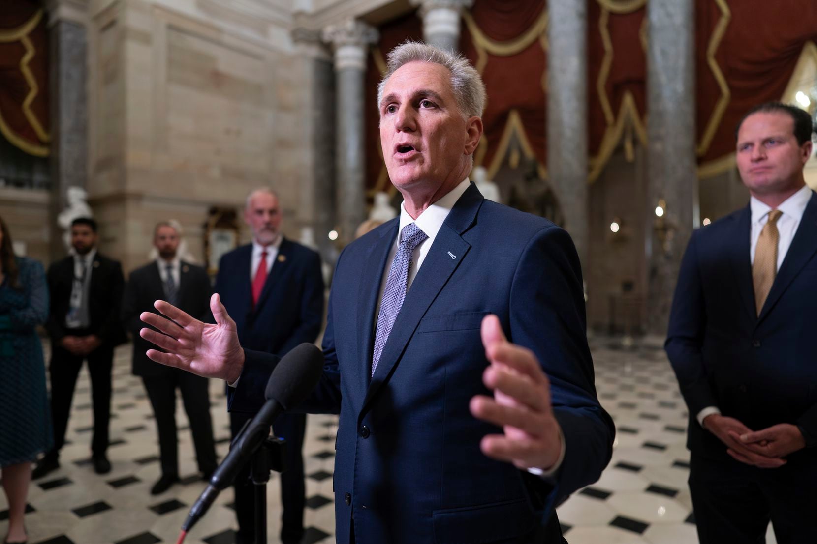 FILE - House Speaker Kevin McCarthy, R-Calif., joined by Rep. August Pfluger, R-Texas,...