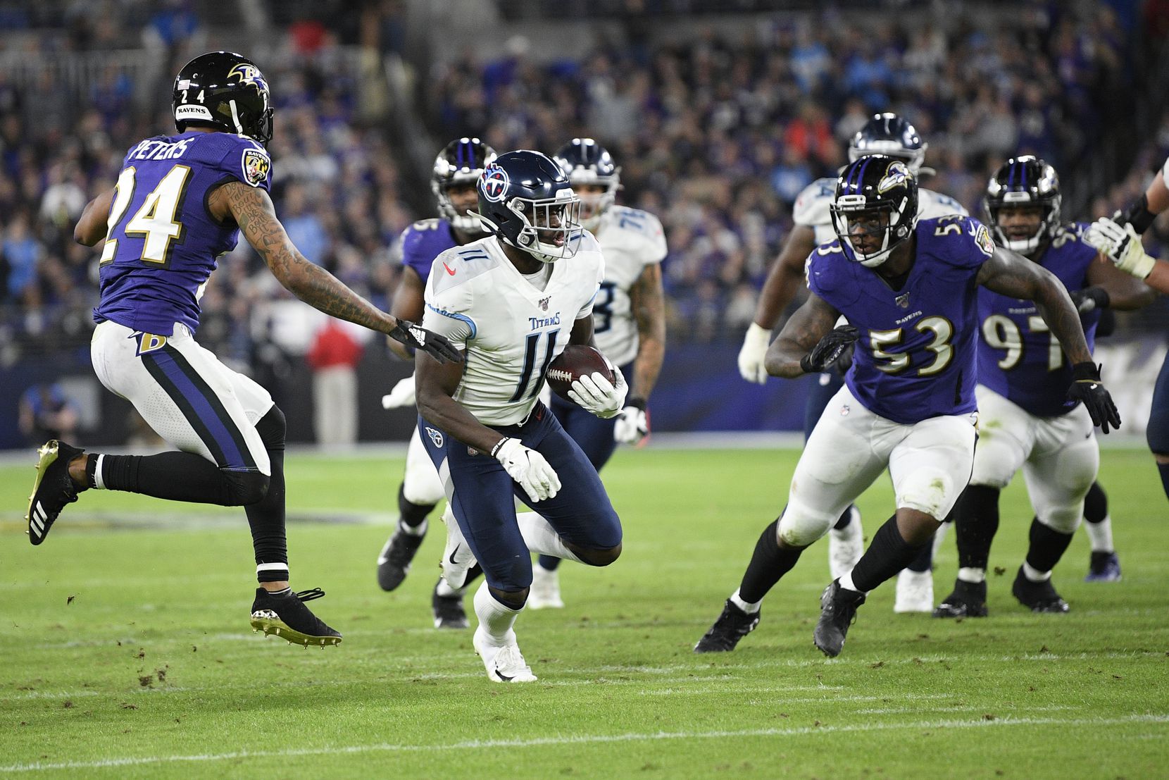 FILE - Titans wide receiver A.J. Brown (11) runs after the catch during the second half of a divisional playoff game against the Ravens on Saturday, Jan. 11, 2020, in Baltimore. (AP Photo/Nick Wass)