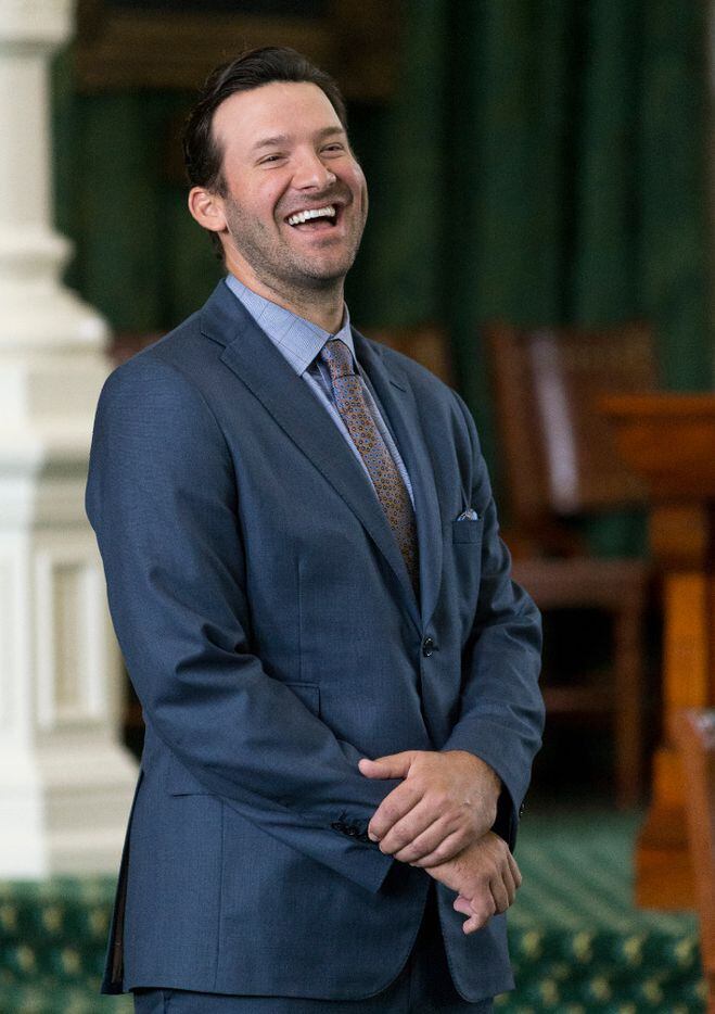 Former Dallas Cowboys quarterback Tony Romo smiles as he is recognized by the Senate at the Texas Capitol in Austin, Wednesday, May 3, 2017. 
