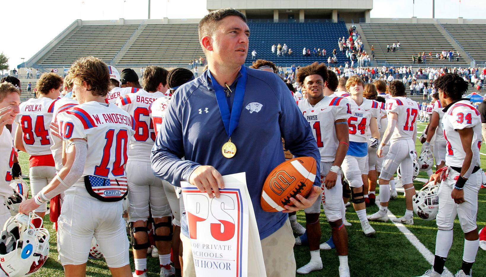 Parish Episcopal head coach Daniel Novakov led his team to a 56-17 victory over Midland Christian to capture the Division 1 championship.  The two teams played their TAPPS Division 1 state championship football game at Waco ISD Stadium in Waco on December 4, 2021. (Steve Hamm/ Special Contributor)