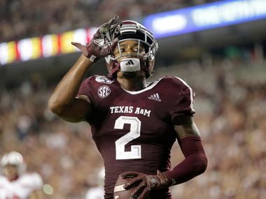 Texas A&M wide receiver Jhamon Ausbon (2) reacts after catching a touchdown against Lamar during the second half of an NCAA college football game, Saturday, Sept. 14, 2019, in College Station, Texas. (AP Photo/Sam Craft)