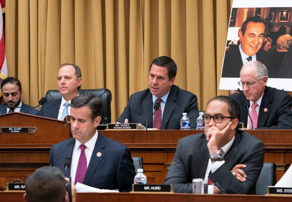 On top row, from left, House Intelligence Committee Chairman Adam Schiff, D-Calif., Rep....