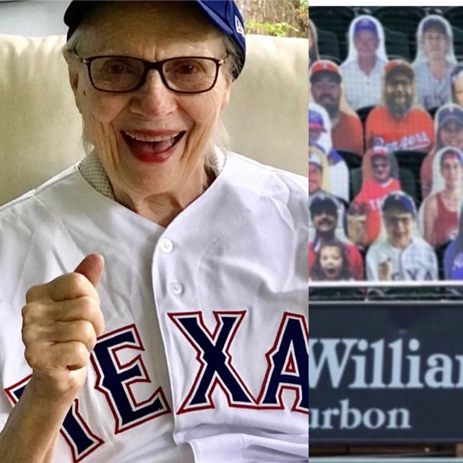 Fran Lyon, grandmother of Texas Rangers pitcher Wes Benjamin, poses with her DoppelRanger